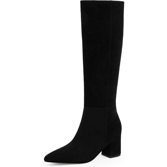 Shoes - Women's Black Suede Chunky Heel Knee High Pointed Toe Side Zipper Long Boots